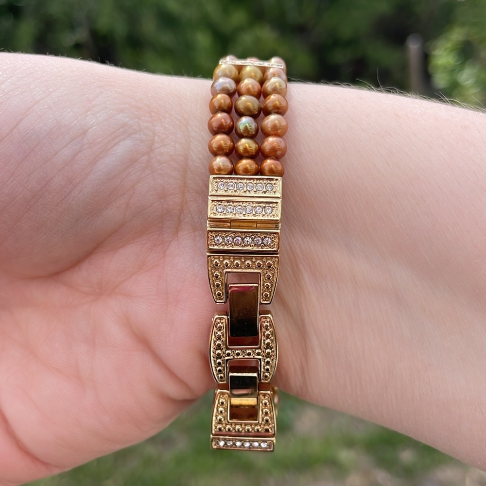Gold Tone Three Strand Bracelet with Cultured Pearls and Rhinestones - Picture 4 of 16